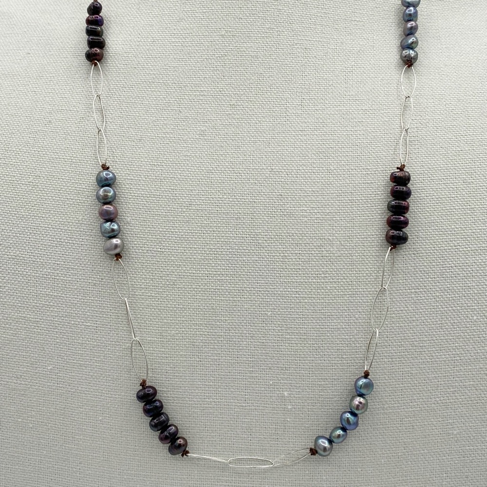 J.Jill Sterling Silver Link Vintage Long Necklace With Baroque Pearls